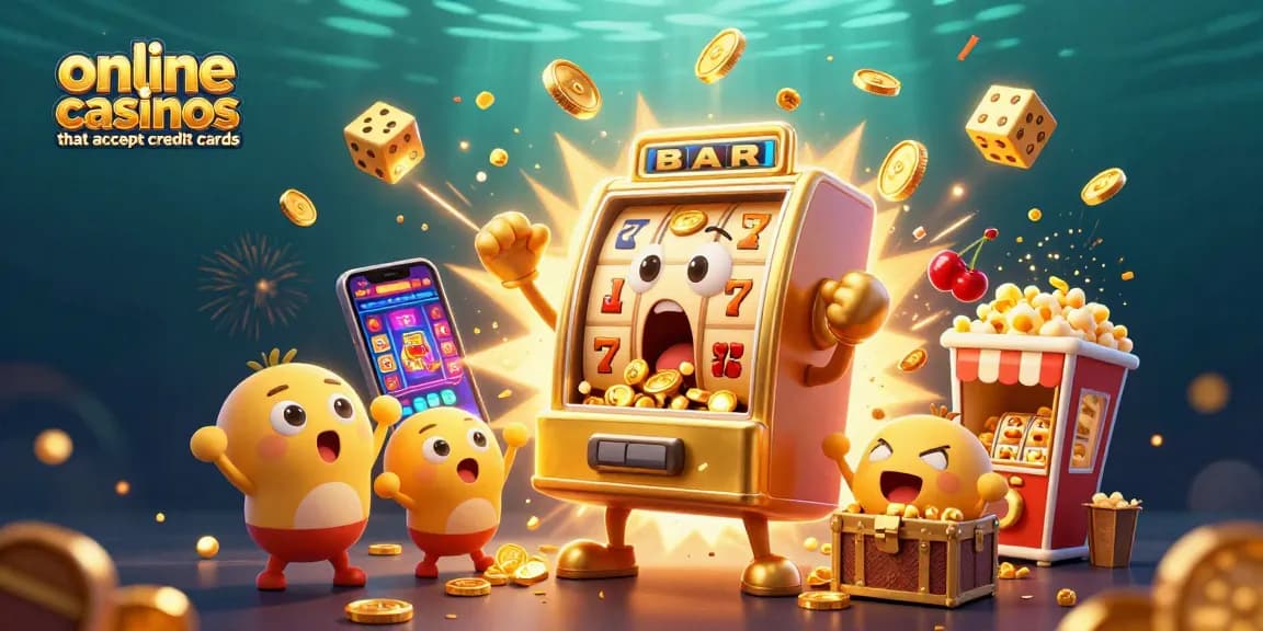 Online casinos that accept credit cards celebrate wins with golden slot machines and vibrant gameplay.