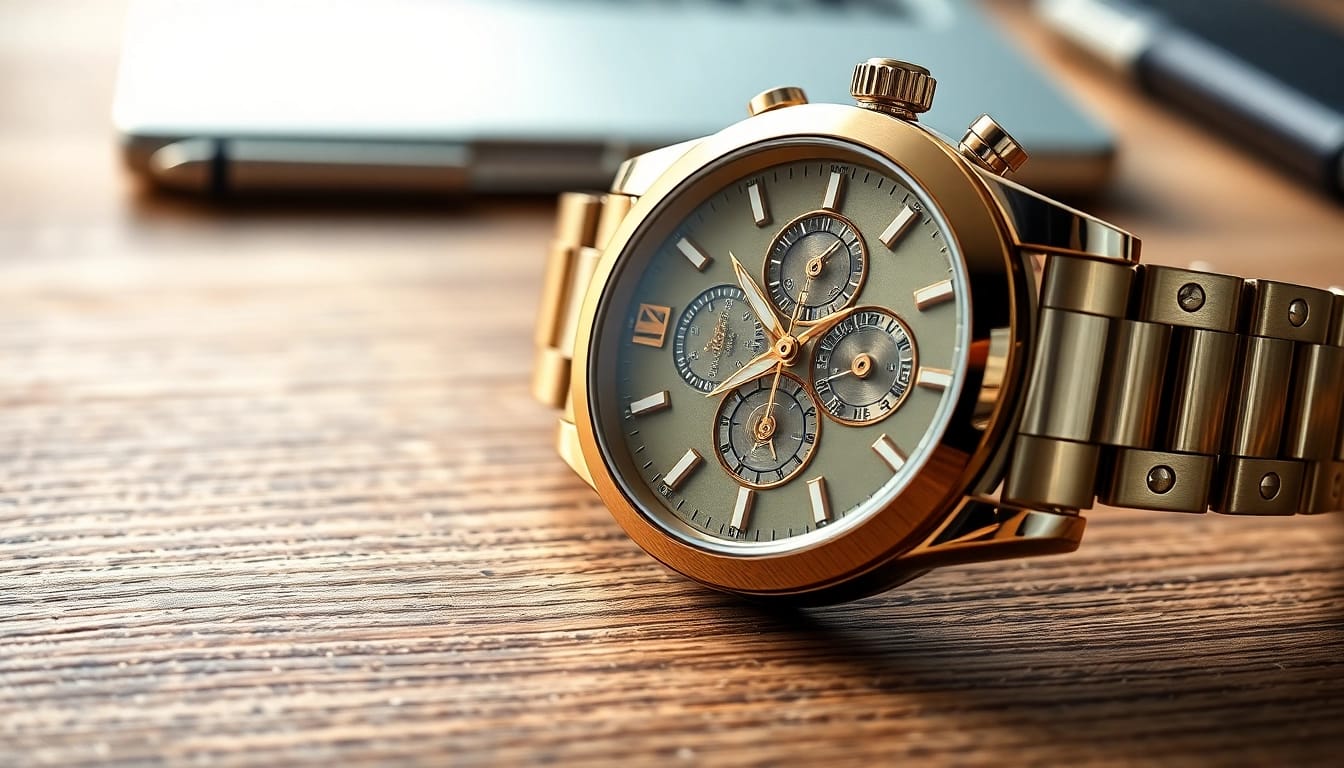 Admiring a detailed replica watch with luxurious highlights on a polished wooden desk.