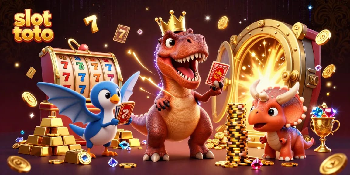 Spin the slot toto reels with exciting characters and dazzling treasures in a vibrant casino scene.