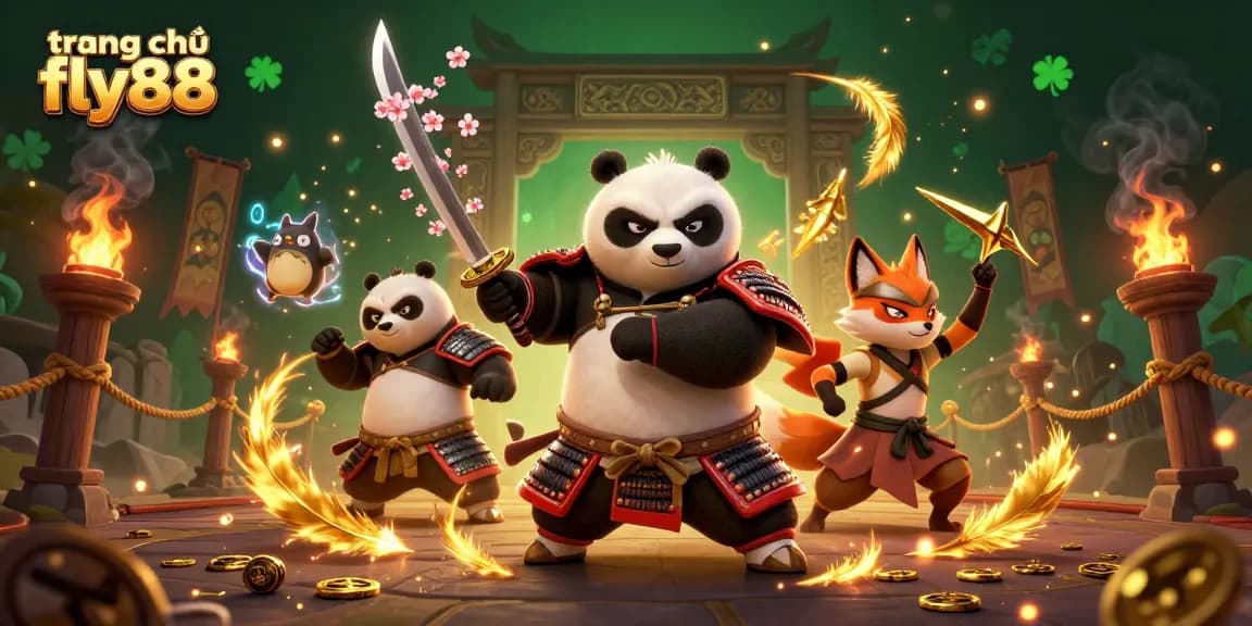 Experience excitement at trang chủ fly88 with a vibrant 3D casino scene featuring samurai and fox.