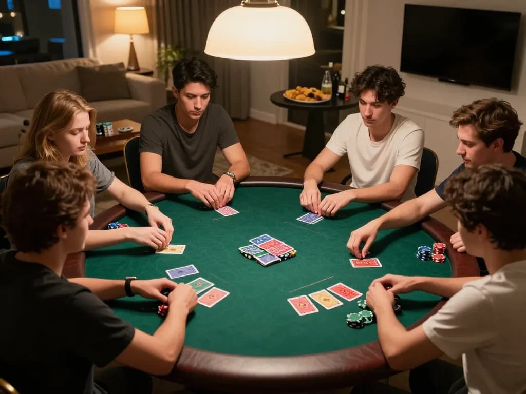 Friends enjoying a lively poker night on Domino88 with cards and chips actively in play