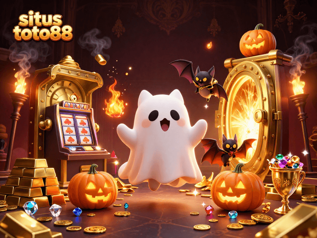 Experience thrilling fun at situs toto88 with a magical casino scene featuring a ghost cat and treasure.