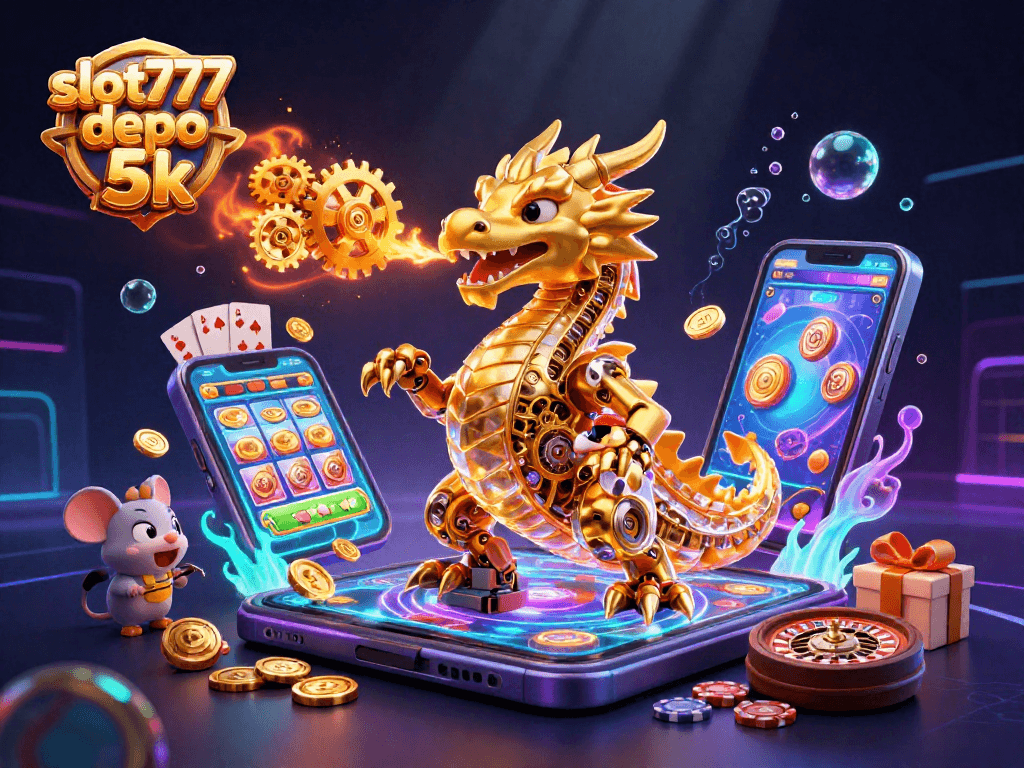 Experience the excitement of slot777 depo 5k as golden coins erupt from a 3D smartphone slot game, surrounded by vibrant gaming elements.