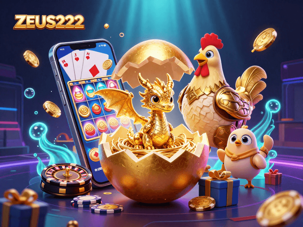Play to win at ZEUS222 with a thrilling golden dragon and vibrant casino elements.
