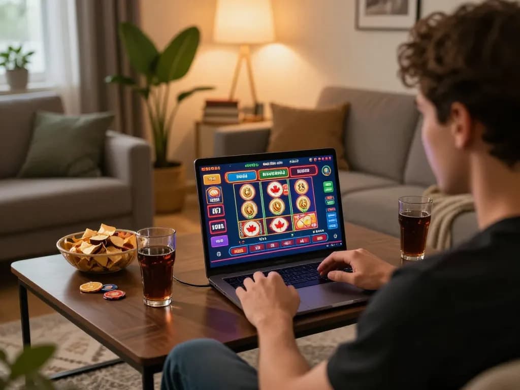 Engaging in online casinos in Canada from home, showcasing dynamic gameplay on a laptop.