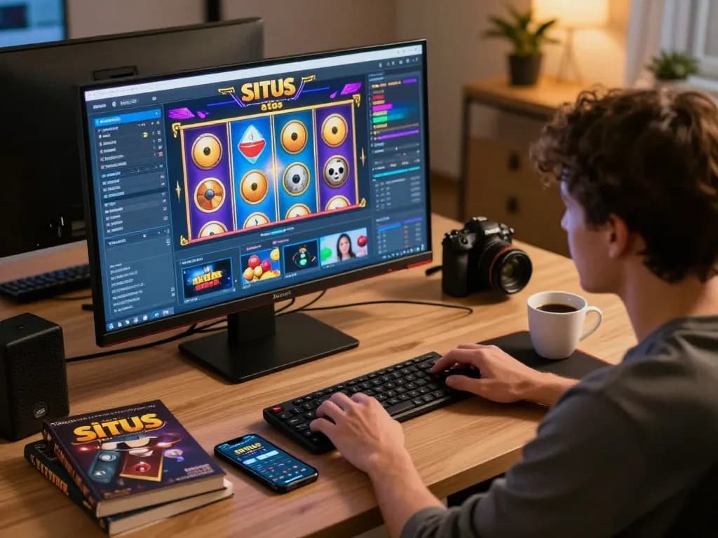 Engaged player exploring situs slot game on a modern screen, surrounded by strategy tools.