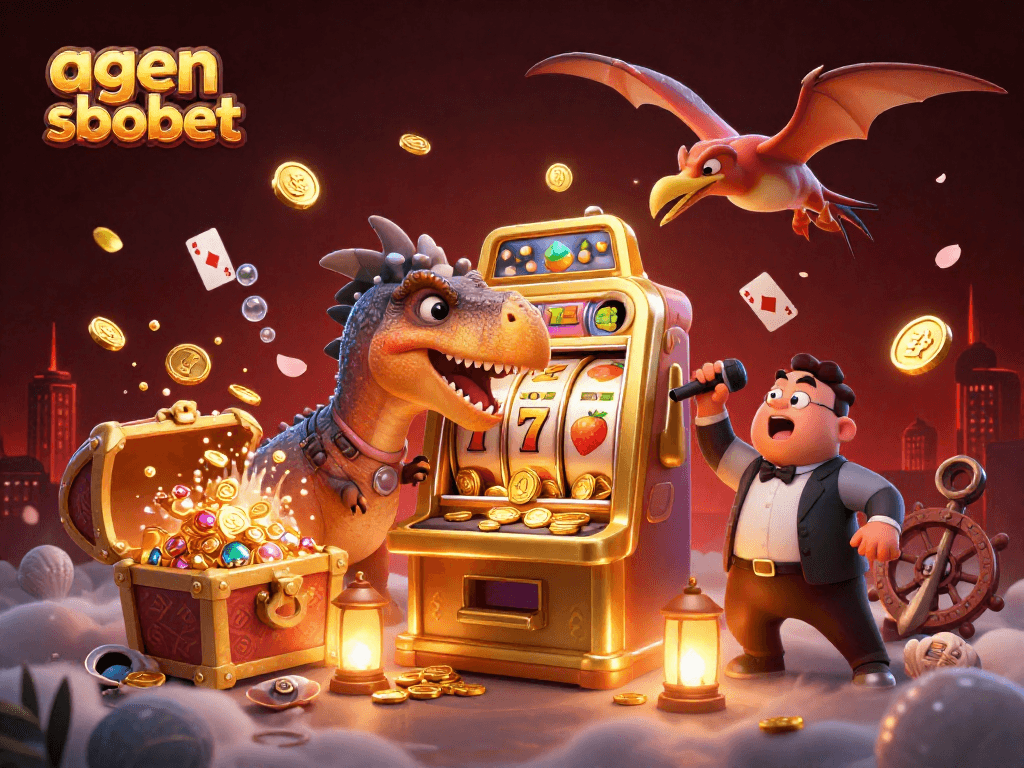 Engage in thrilling action as agen sbobet players watch a pachycephalosaurus headbutt a jackpot slot machine.