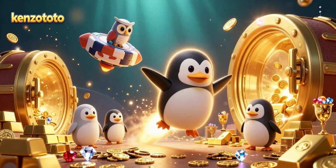 Kenzototo’s rocket-powered penguin winning big at the casino, surrounded by treasures and excitement.