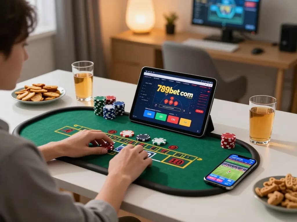 Engaging moment of a player using 789bet com for online blackjack in a cozy home setting.