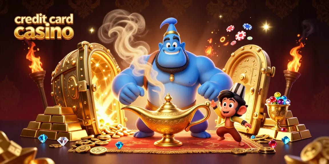 Experience the excitement of a credit card casino with a 3D genie and treasure in a vibrant scene.