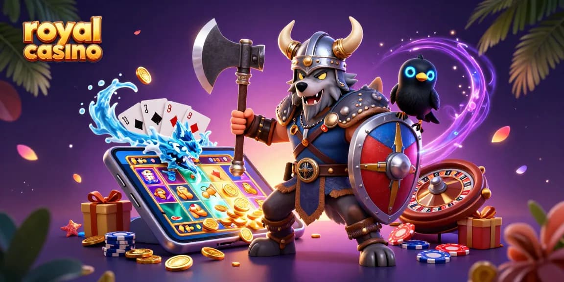 Experience the excitement of royal casino with a 3D Viking warrior, dragon, and gaming elements