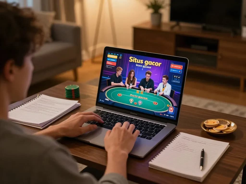 Engaged player enjoying situs gacor on a laptop with poker game interface displayed, cozy home setting highlighting responsible gambling.