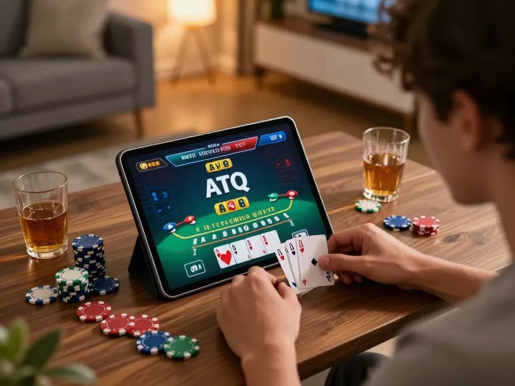 Engaged player using tablet for ATQ live dealer blackjack, showcasing strategic online gaming experience.