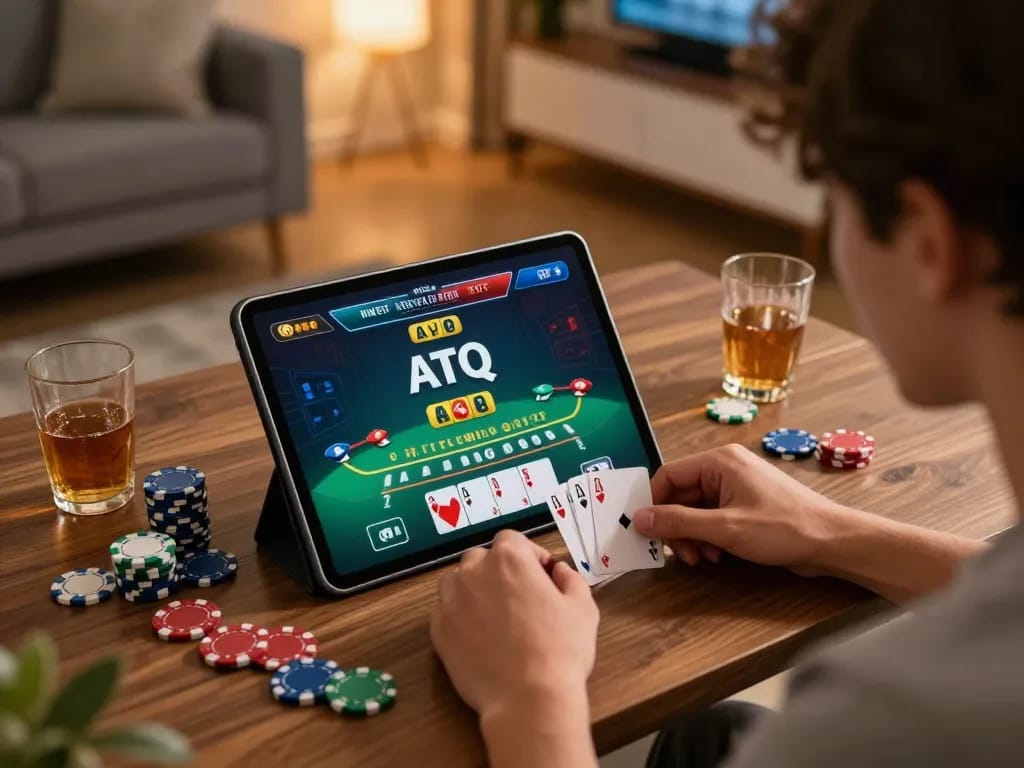 Engaged player using tablet for ATQ live dealer blackjack, showcasing strategic online gaming experience.
