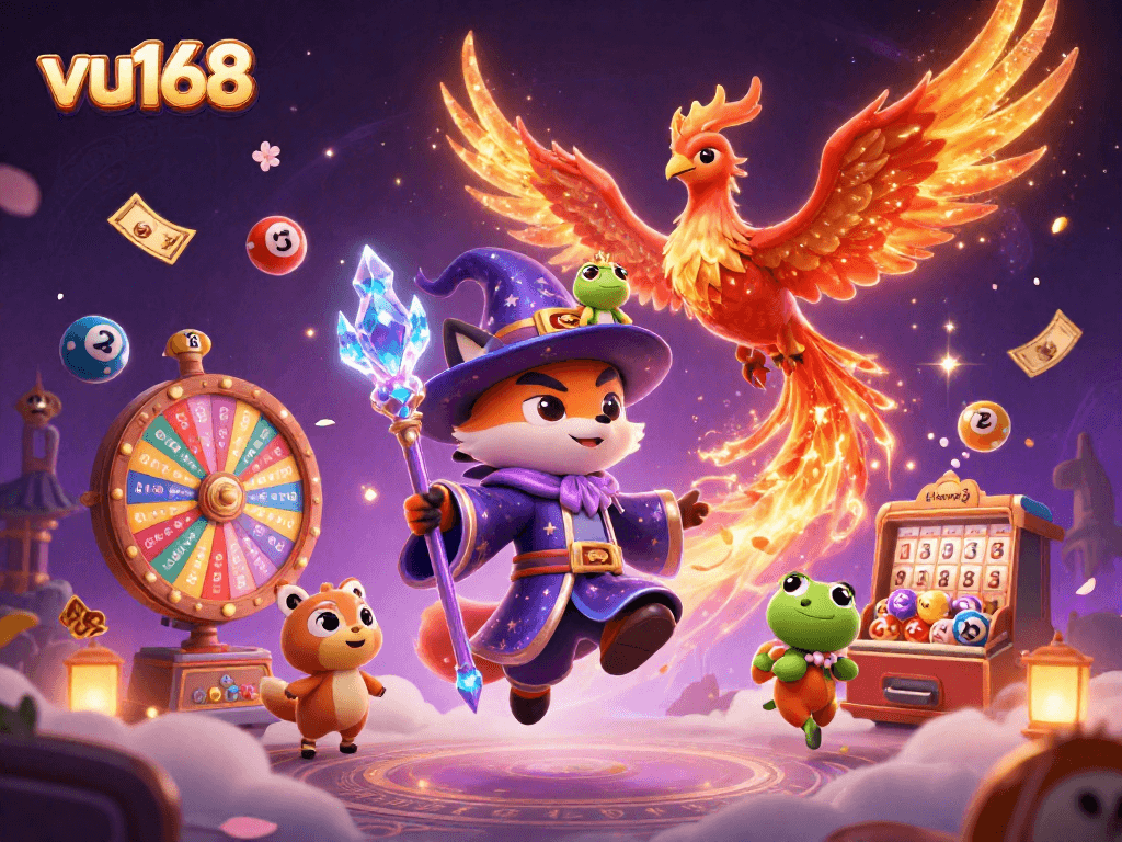 Engage with the fantastic gambling realm on vu168 while enjoying vibrant 3D characters and casino-themed imagery.