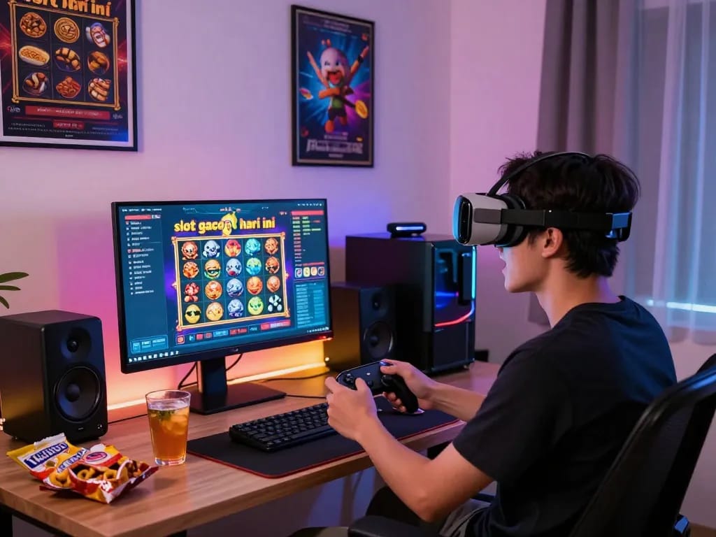 Scena permainan imersif yang menampilkan "slot gacor hari ini", dengan seorang pemain terlibat dalam permainan virtual yang cerah.