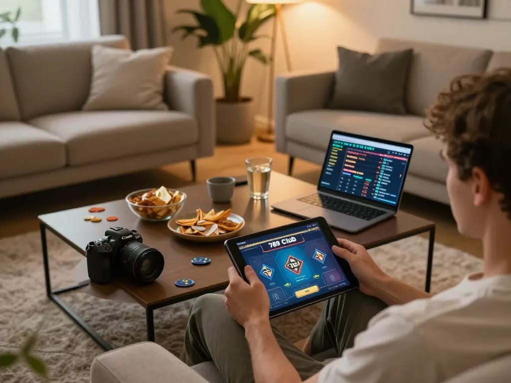Engaged player enjoying 789 Club online game on tablet in a cozy home setting.
