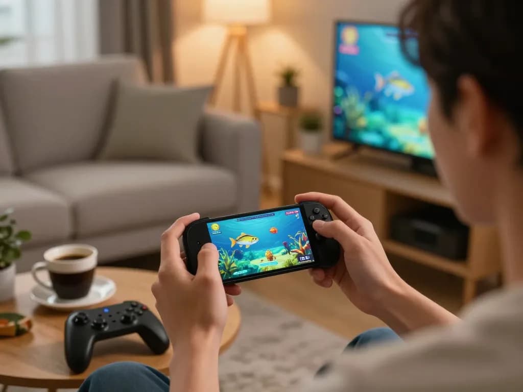 Engaging in gameplay of เกมยิงปลาฟรี on smartphone in modern living room setting, showcasing vibrant graphics and player interaction.