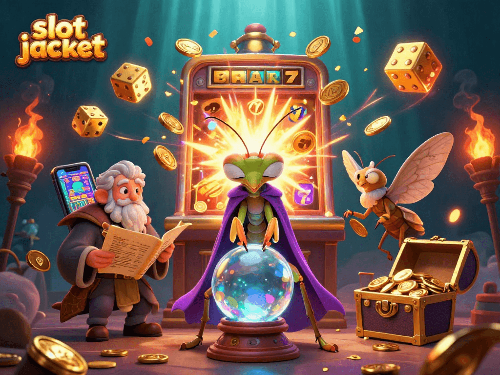 Experience the thrill of the slot jackpot with cartoon fortune tellers and a vibrant casino scene.