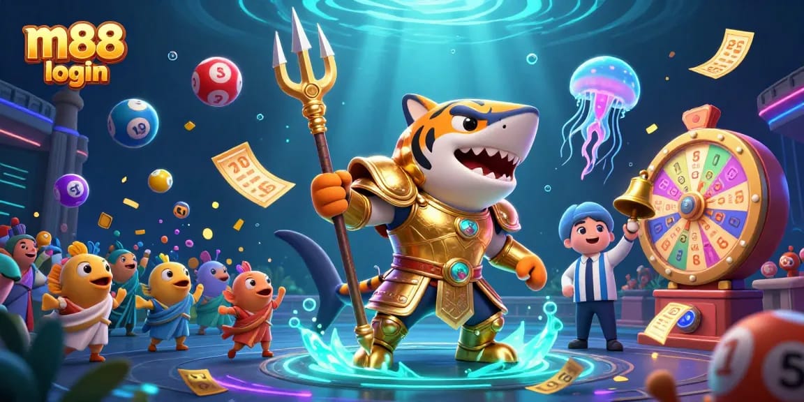 Join the excitement with m88 login in a vibrant underwater gambling scene featuring a golden gladiator shark and lively game elements.