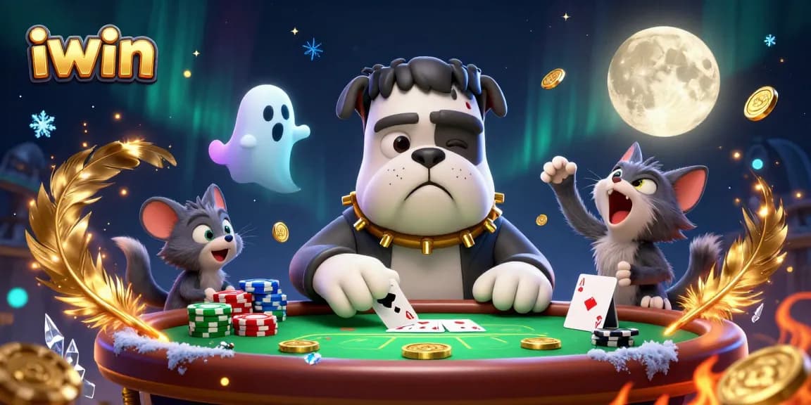 Experience iwin in a thrilling poker game featuring a Frankenstein bulldog and ghostly elements at a vibrant casino scene.