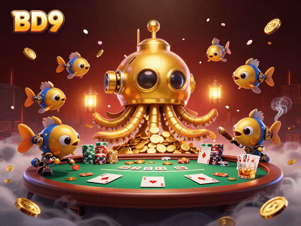 Engage in exciting gameplay with BD9 as the golden kraken submarine surfaces through coins amidst poker elements