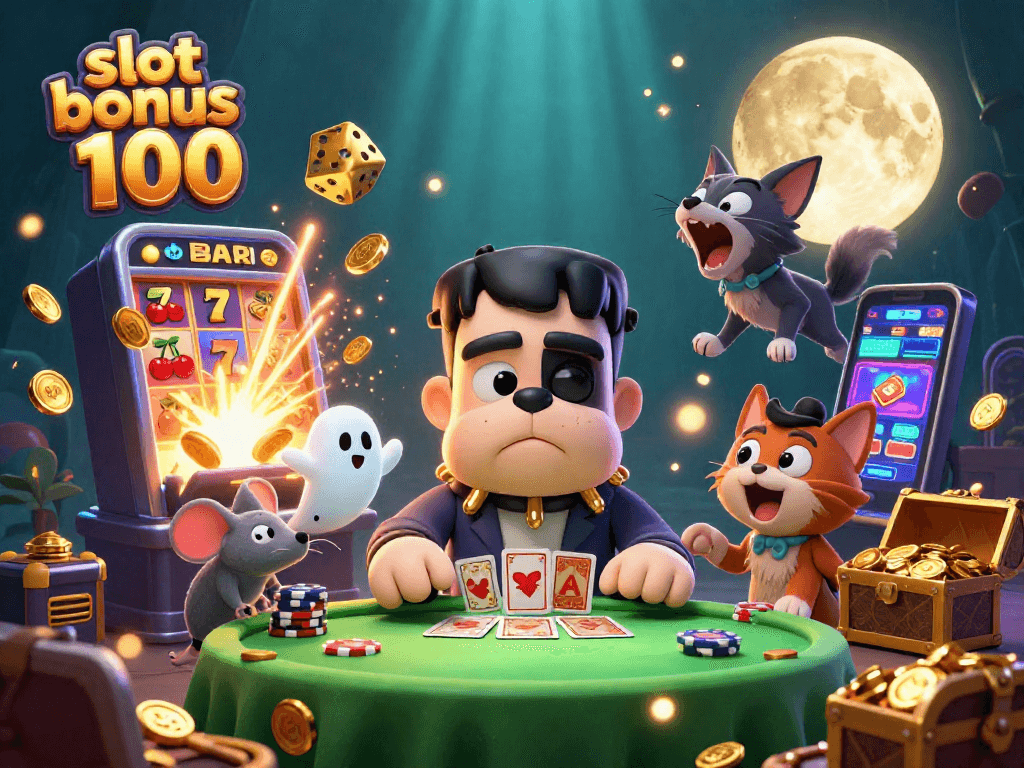 Win big with slot bonus 100 in a vibrant, detailed casino scene featuring unique characters.
