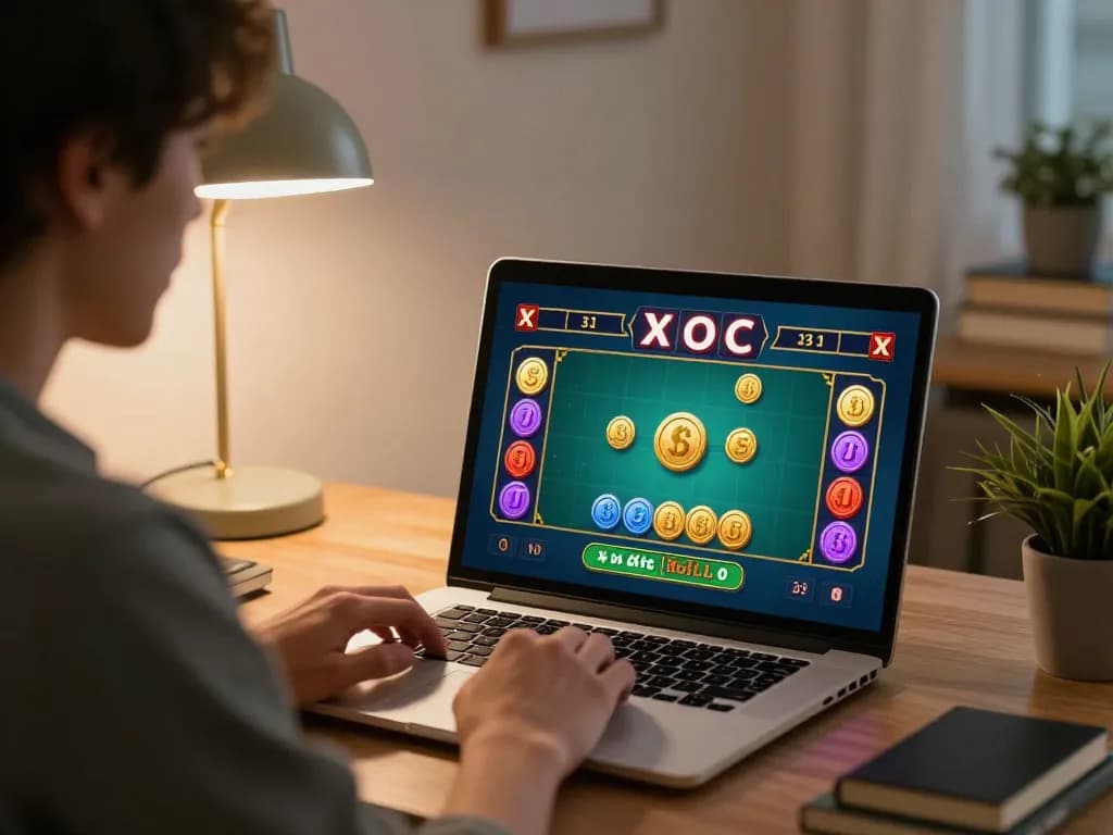 Xóc đĩa online player's focused interaction with virtual betting interface at home.