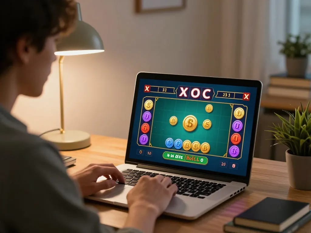 Xóc đĩa online player's focused interaction with virtual betting interface at home.