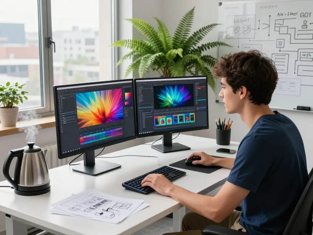 Developer using nano banana 2 at a modern workspace with vibrant interface elements and creative tools.