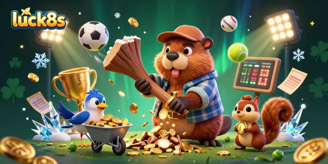 Experience excitement at Luck8s with vibrant casino games and golden coins raining around cheerful characters.