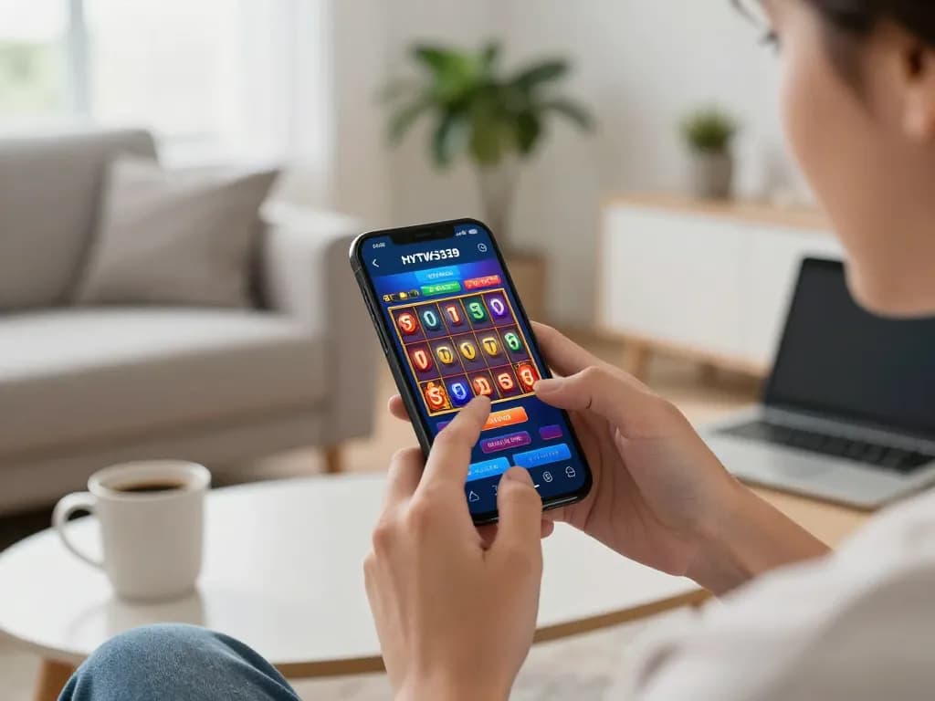 Engaging in the HYTW3339 app for online slots, capturing the excitement of mobile gaming.