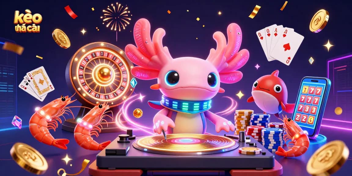 Experience the thrill of kèo nhà cái with vibrant 3D casino characters celebrating with coins and gems.
