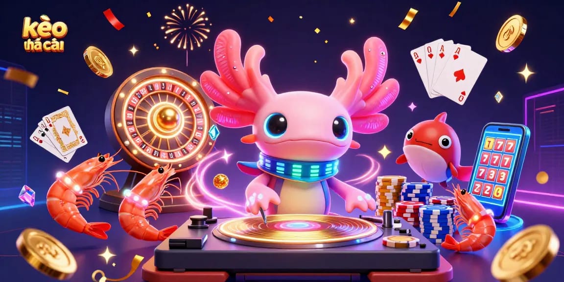 Experience the thrill of kèo nhà cái with vibrant 3D casino characters celebrating with coins and gems.