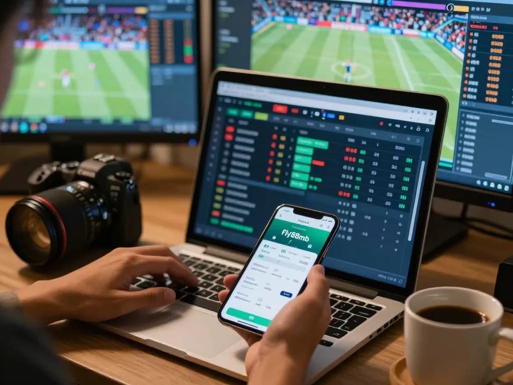 Engaging scene of user betting on fly88mb with laptop and smartphone in cozy setting.
