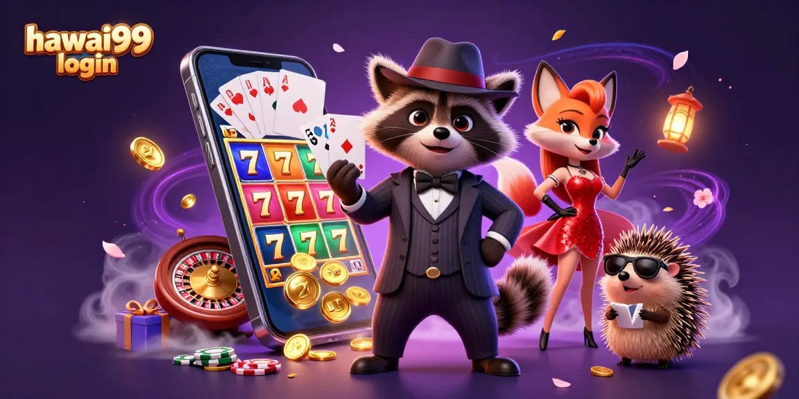 Join the excitement with hawai99 login, featuring charming characters and colorful casino elements.