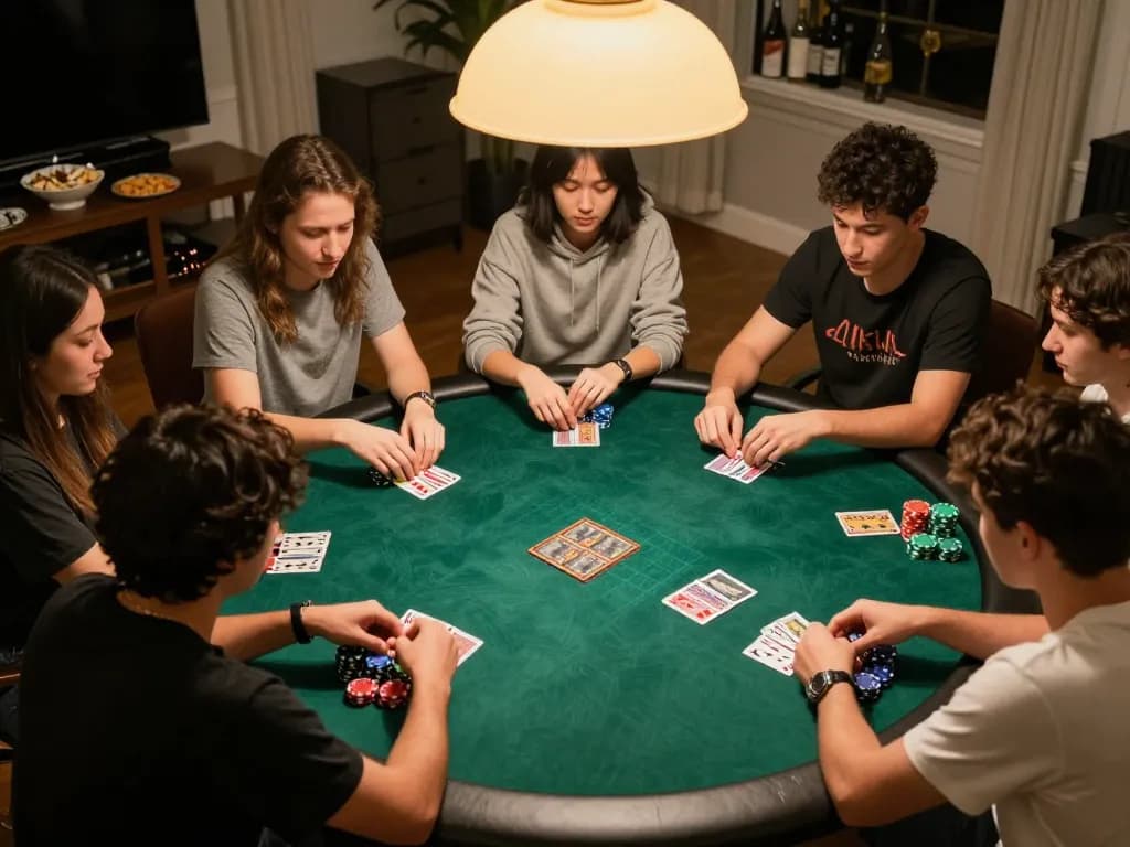 Engaged players strategizing during a home poker game while enjoying Fun88 com