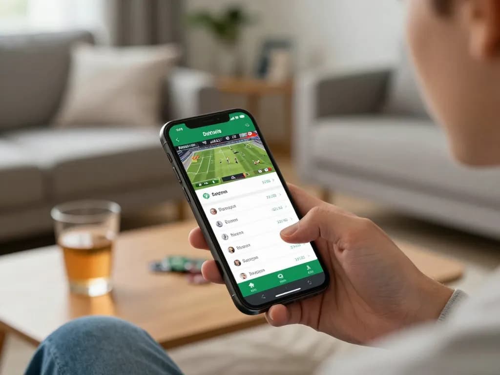 Engaging in sports betting via smartphone app, showcasing ทางเข้า m117 for accessible betting.