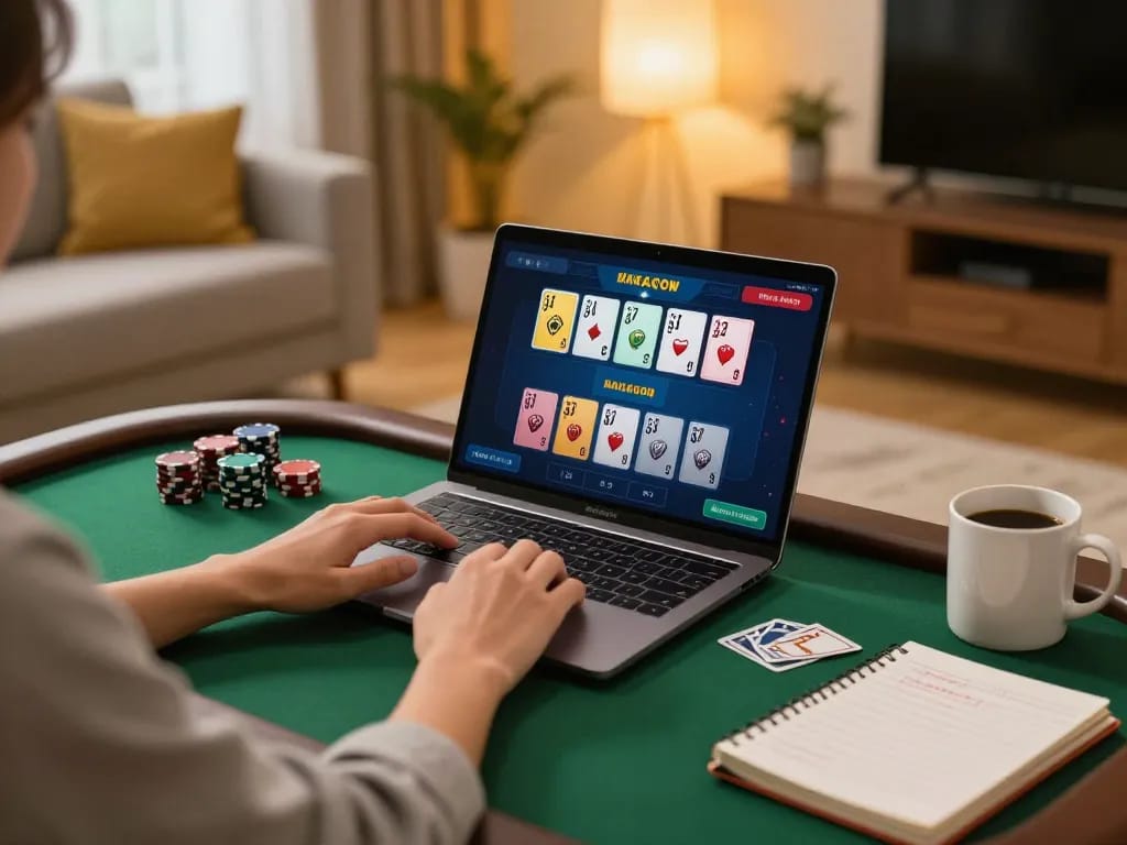 Player strategizing wins with uu88 online poker interface in a cozy home setting.