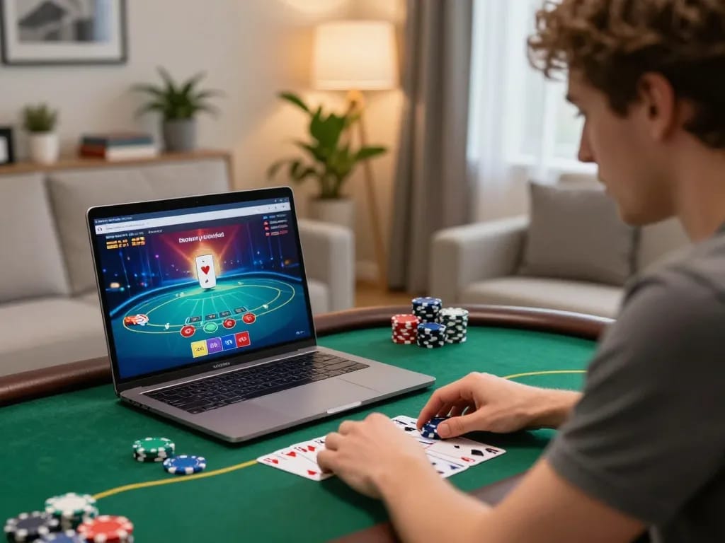 Player engaged in an online poker game using HM88 for strategic gameplay and bankroll management