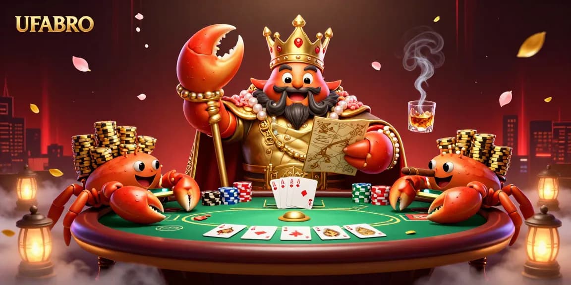Win big with UFABRO's vibrant 3D casino scene featuring a golden crab emperor, poker elements, and ample riches.