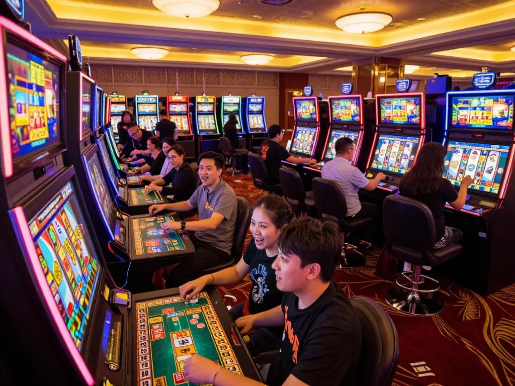 Players engaging with slot mahjong machines at vibrant casino, showcasing excitement and strategy in gameplay