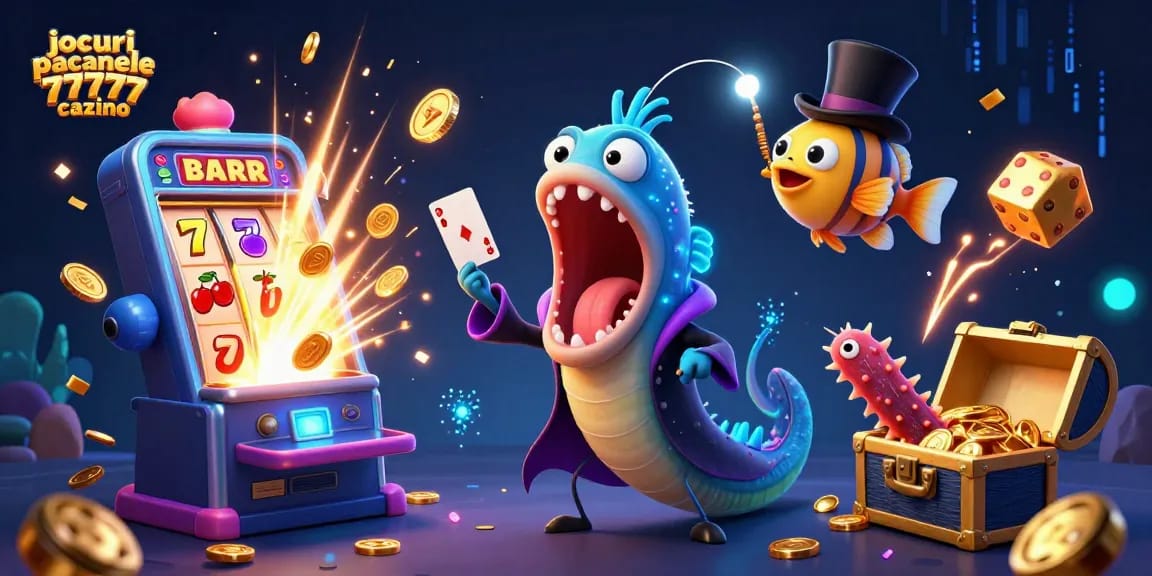 Joacă jocuri pacanele 77777 cazino și bucură-te de o ilustrație vibrantă cu păcănele și personaje subacvatice.