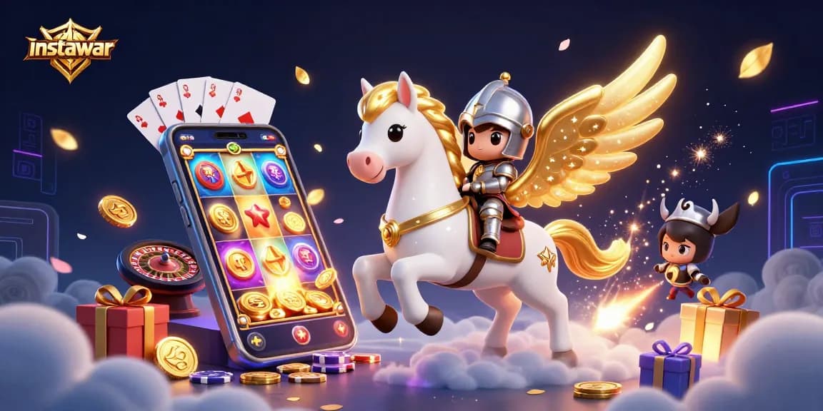 Spin to win with instawar as a cute knight rides a celestial horse amid vibrant casino elements.