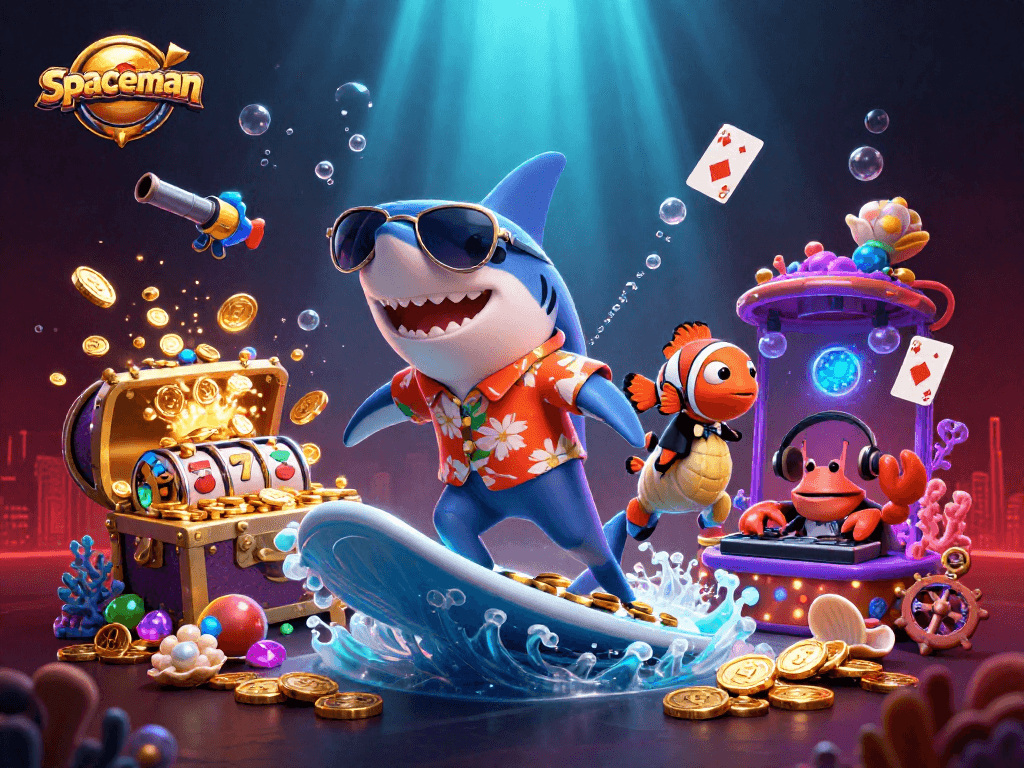 Experience the lively spaceman casino atmosphere with a shark surfing gold coins and vibrant game elements.