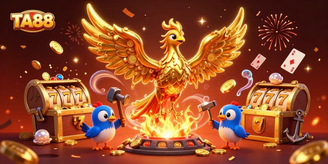 Experience the thrill of TA88 with a spectacular phoenix rising and slot reels bursting with gold!