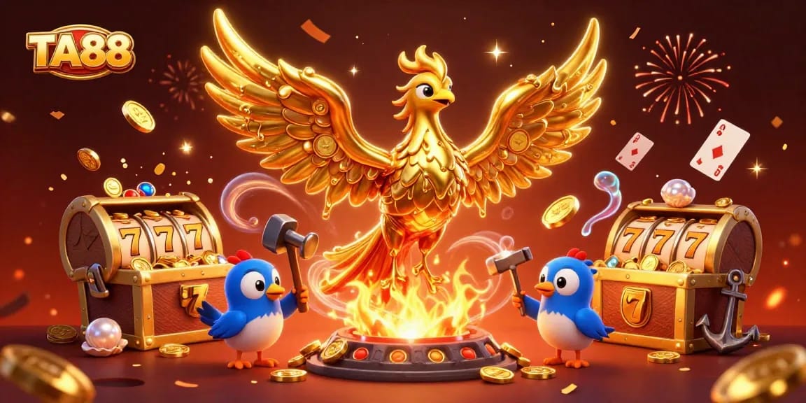Experience the thrill of TA88 with a spectacular phoenix rising and slot reels bursting with gold!