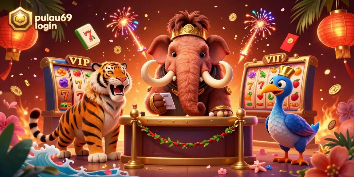 Experience pulau69 login excitement with vibrant casino characters and games in a lively 3D scene.