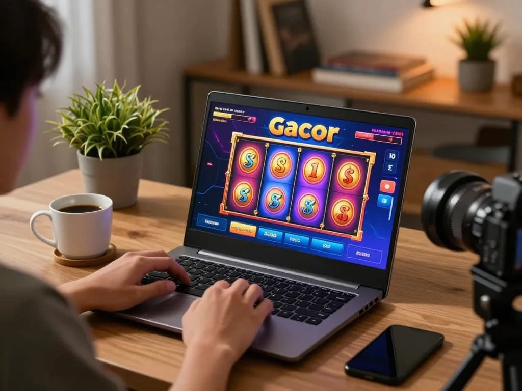 Engaging in gacor slots gameplay on a laptop at home, highlighting online casino excitement.