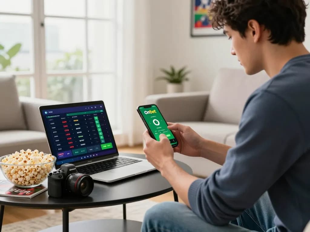 Engaged user exploring the Onbet app on a smartphone in a cozy living room with sports elements.